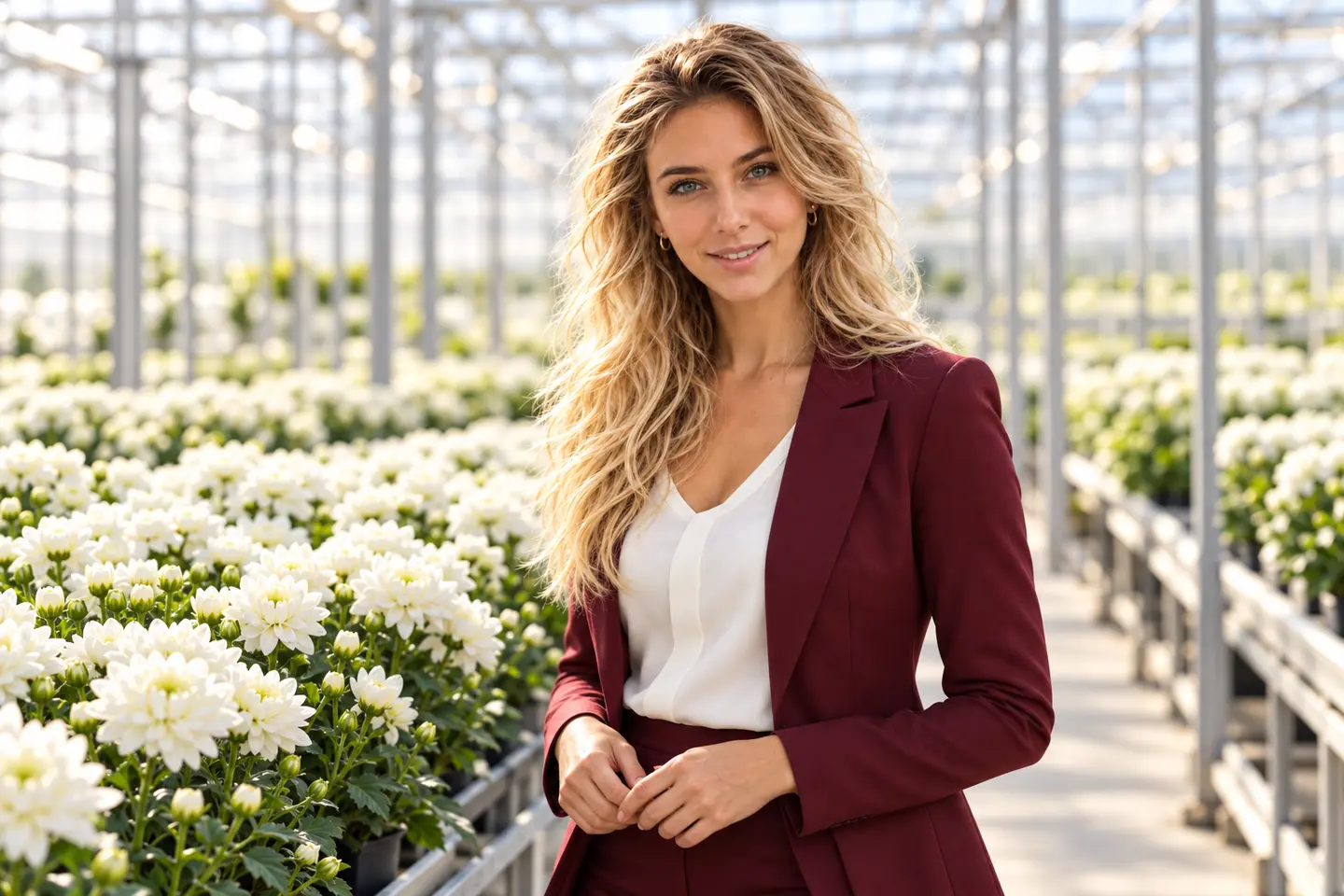 Lea, digitale verkoopcollega, tussen witte chrysanten